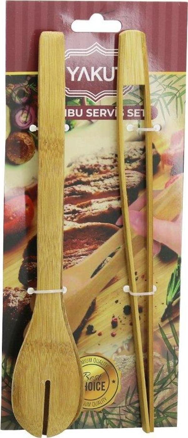 2 PCS AHŞAP BAMBU MAŞA SETİ İNCE IZGARA - KAŞIKLI SERVİS MAŞA  GO5060Gok222928 - Image 1