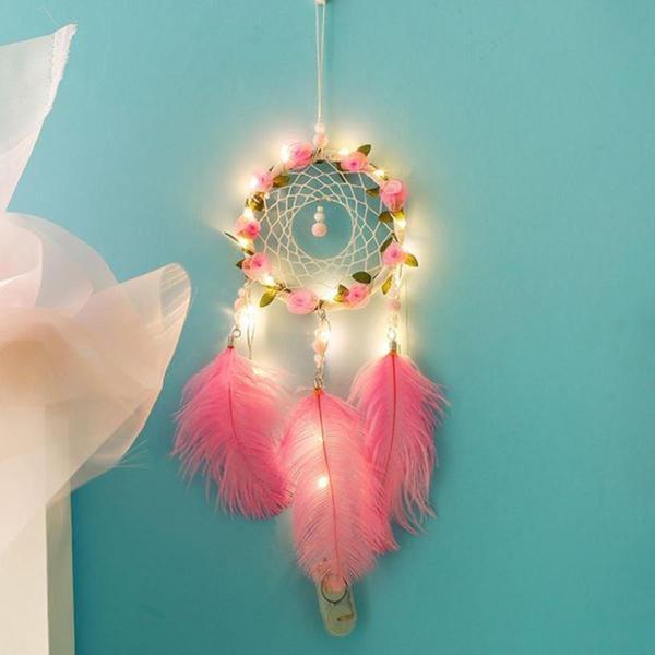 El Yapımı Kuş Tüyü ve Led Işıklı Dekoratif Asma Düş Rüya Kapanı  GO50606166890 - Image 1