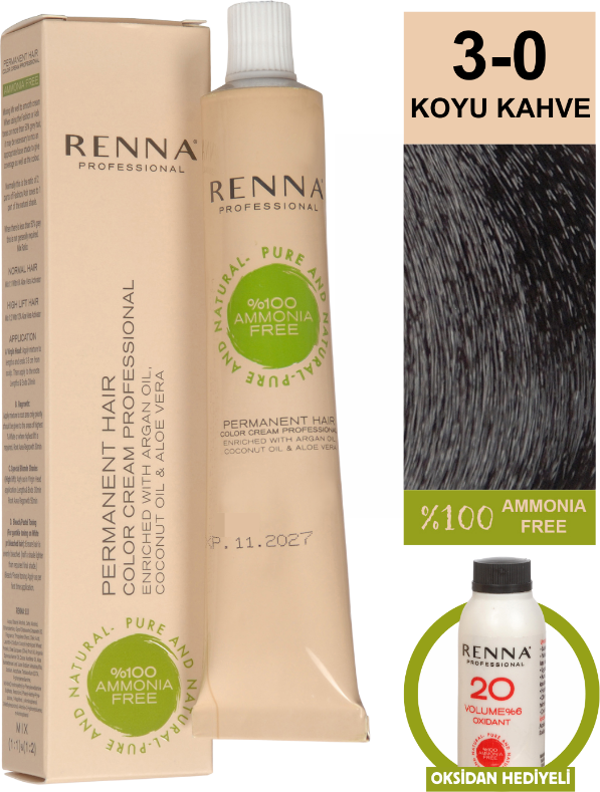 Renna Bitkisel Amonyaksız Saç Boyası 60 Ml 3-0 Koyu Kahve Oksidan Hediyeli - Image 1