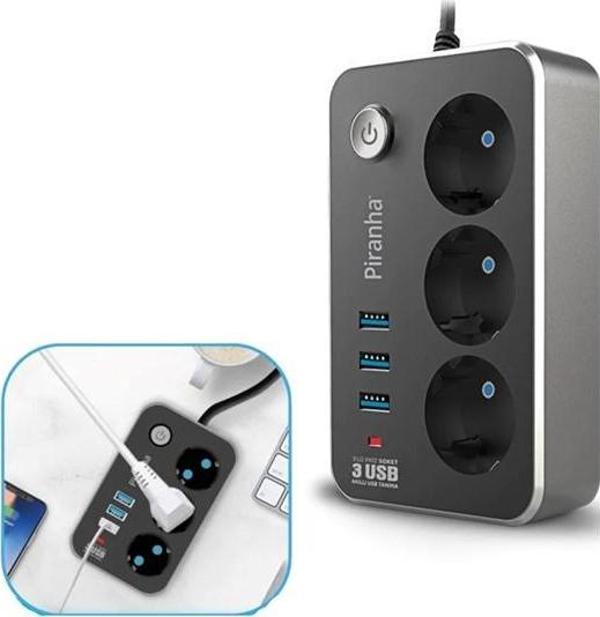 Isıya Dayanıklı Termal Akım Korumalı 2 Mt 10A 2500W 3lü Priz ve 3 Usbi 2.1A Uzatma Kablosu  GO50602433290 - Image 1