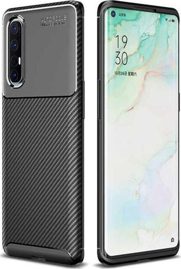 Anka Cep Telefonu Aksesuarları Oppo Reno 3 Pro 5G Kılıf Karbon Görünümlü Silikon + Kablo Koruma + Ekran Koruma - Image 1