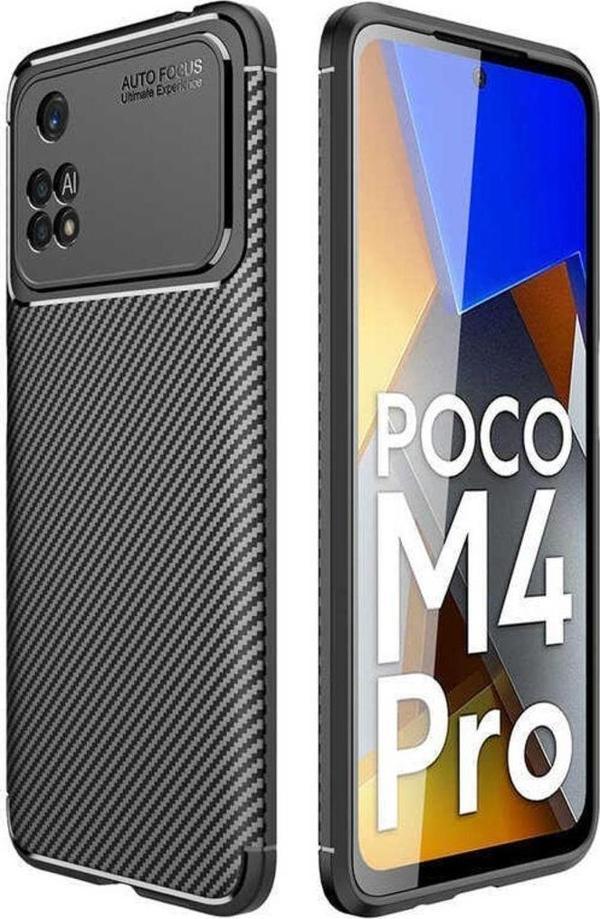 Anka Cep Telefonu Aksesuarları Xiaomi Poco M4 Pro 4G Kılıf Karbon Görünümlü Silikon + Kablo Koruma + Ekran Koruma - Image 1