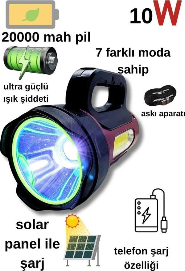 Pasajdanal Ps-T93 10W Uzun Menzilli Solar Panelli Powerbank+Usb Çıkış S.O.S Lu Ultra Güçlü Ledli Şarjlı Feneri - Image 1