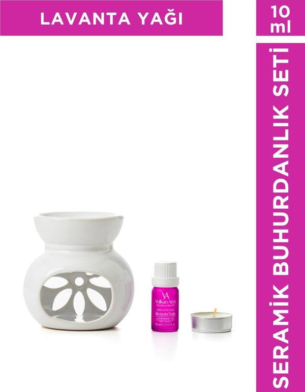 Volkan Ates Natural & Beauty Seramik Buhurdanlık Seti Beyaz Renk + Lavandula Angustifolia Saf Lavanta Yağı 10 ml + Mum - Image 1