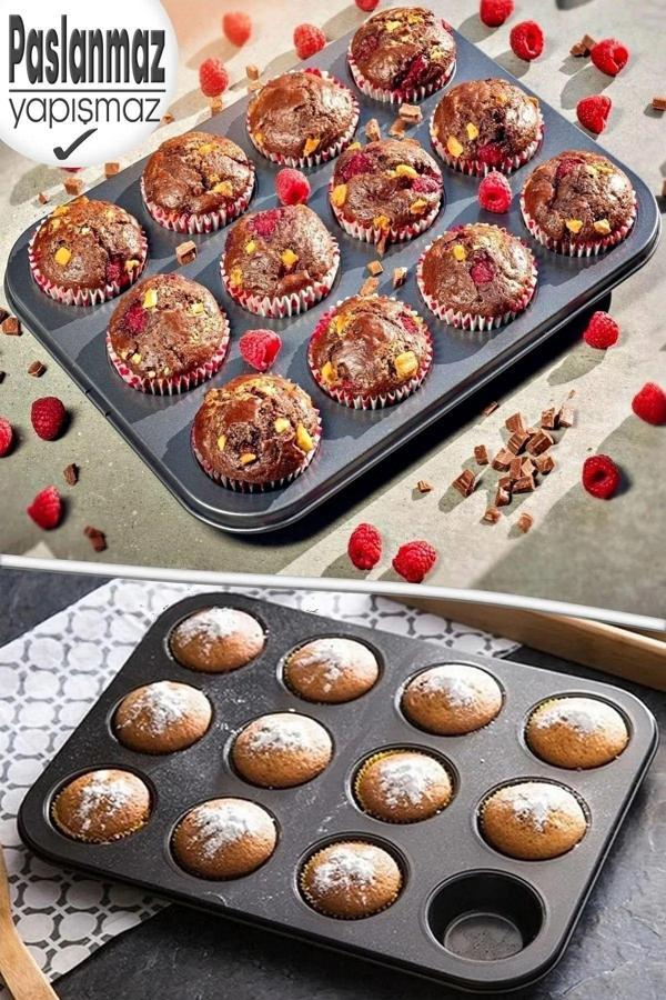 Pasajdanal 3 Adet 12'Li Muffin Için Yanmaz Tepsi - Kek, Kurabiye, Turta Ve Çörek Kalıbı - Image 1