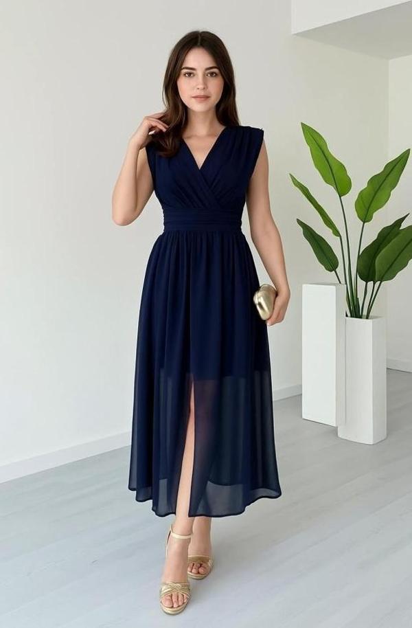 Kadın Vatkalı Şifon Kolsuz Kruvaze Yaka Yırtmaç Detaylı Şık Midi Elbise - Image 1