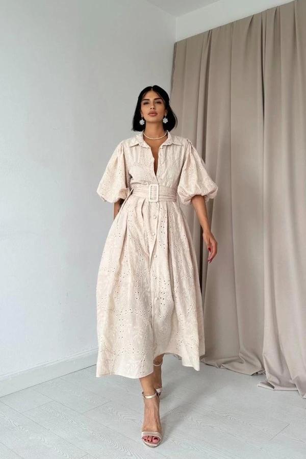 Bej Pileli Balkon Elbise - Image 1