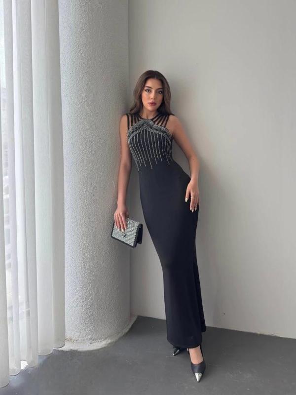 Kadın Omuz çoklu Askılı önü Taş Işlemeli Balık Kesim Janjan Krep Maxi Boy Elbise - Image 1