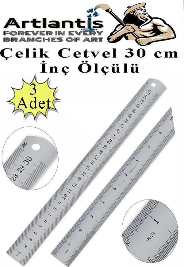 Çelik Cetvel 30 cm İnç Ölçülü 3 Adet Paslanmaz Çelik Metal Çetvel 30 Santimetre Düz Kenar Kolay Çizimler İçin - Image 1