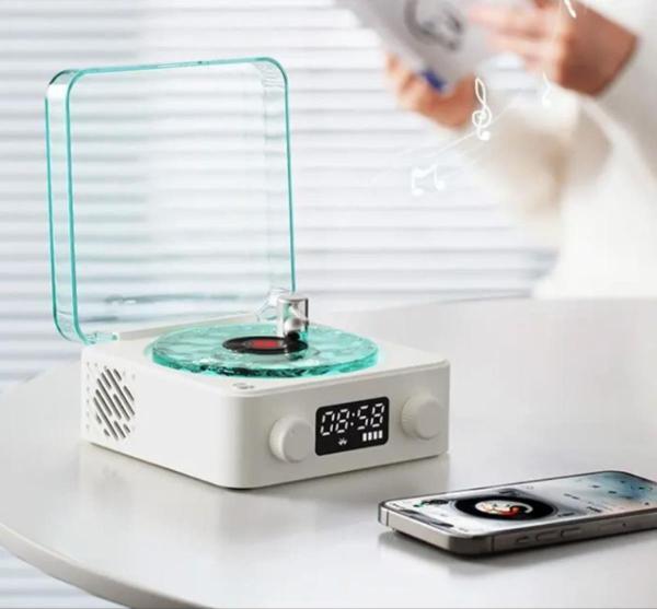 Mini Nostalji Plak Görünüm Dekor Waves Bluetooth Işıklı Müzik Çalar Alarm Saat TF Kart Aux Özellikli - Image 1