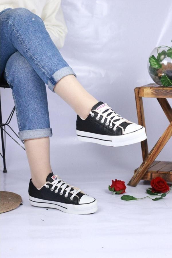 Bay Armedon Converse,Art'Star Yüksek Topuklu Içi Kürklü Kısa Siyah Cilt Konvers,Sneaker Unisex Spor Ayakkabı 40 - Image 1