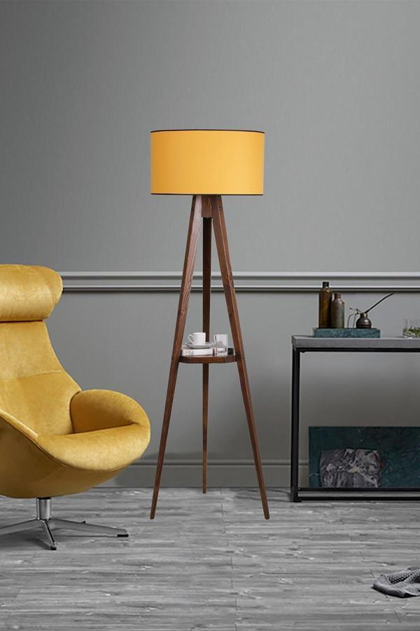 Lumexx Sehbalı Tripod Ceviz Lambader Silindir Hardal Abajurlu - Image 1