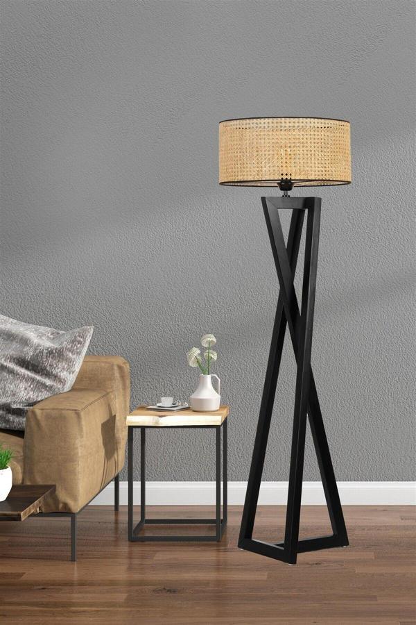 Lumexx Maçka Siyah Silindir Rattan Abajurlu Lambader - Image 1