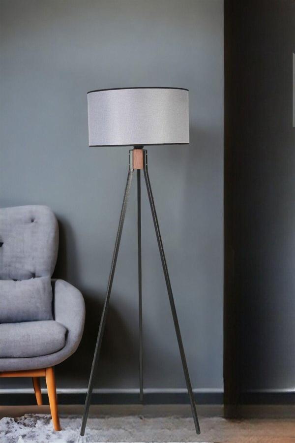 Lumexx Fısco Tripod Siyah Lambader Silindir Hasır Gri Abajurlu - Image 1