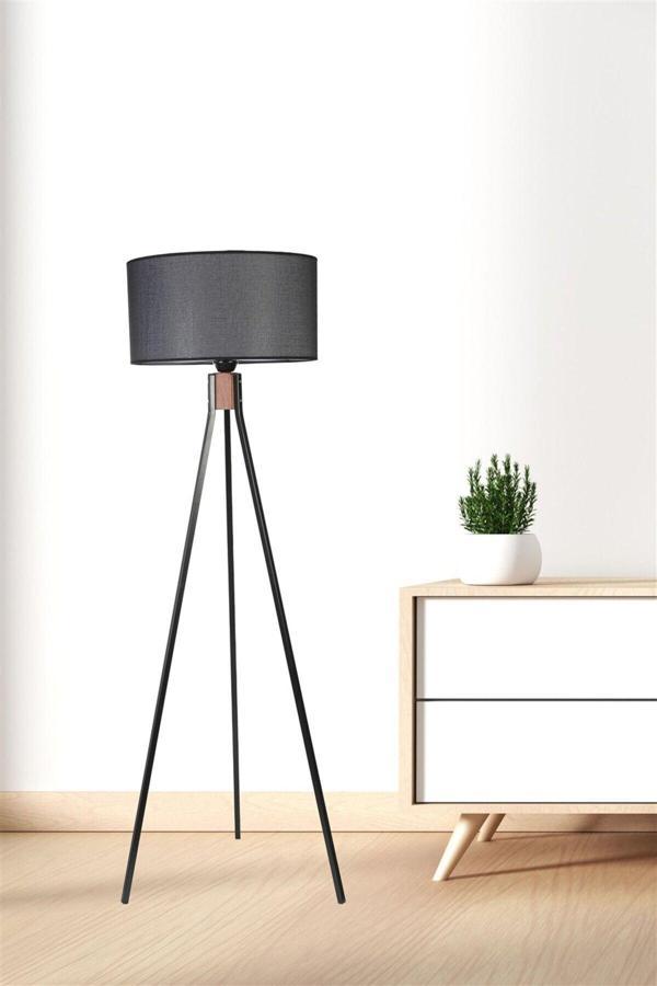 Lumexx Fısco Tripod Siyah Lambader Silindir Hasır Siyah Abajurlu - Image 1