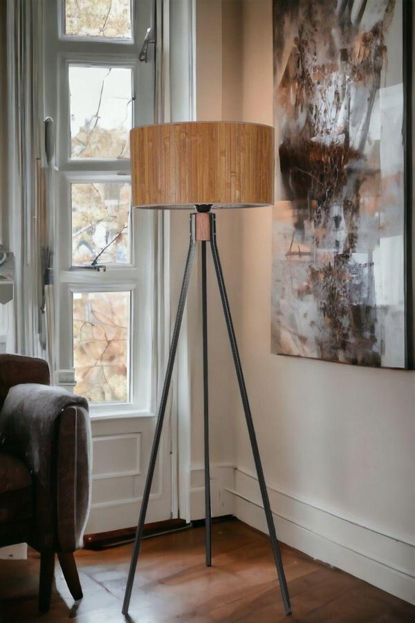 Lumexx Fısco Tripod Siyah Lambader Silindir Bambu 01 Abajurlu - Image 1