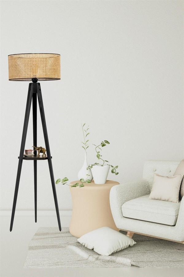 Lumexx Sehpalı Tripod Siyah Silindir Rattan Abajurlu Lambader - Image 1
