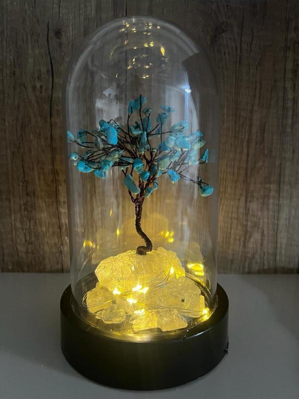 Sertifikalı Doğal Taş Turkuaz Tasarımlı Bakır Tel Sarma Işıklı Fanus Aksesuar 21x12 cm Büyük Boy - Image 1