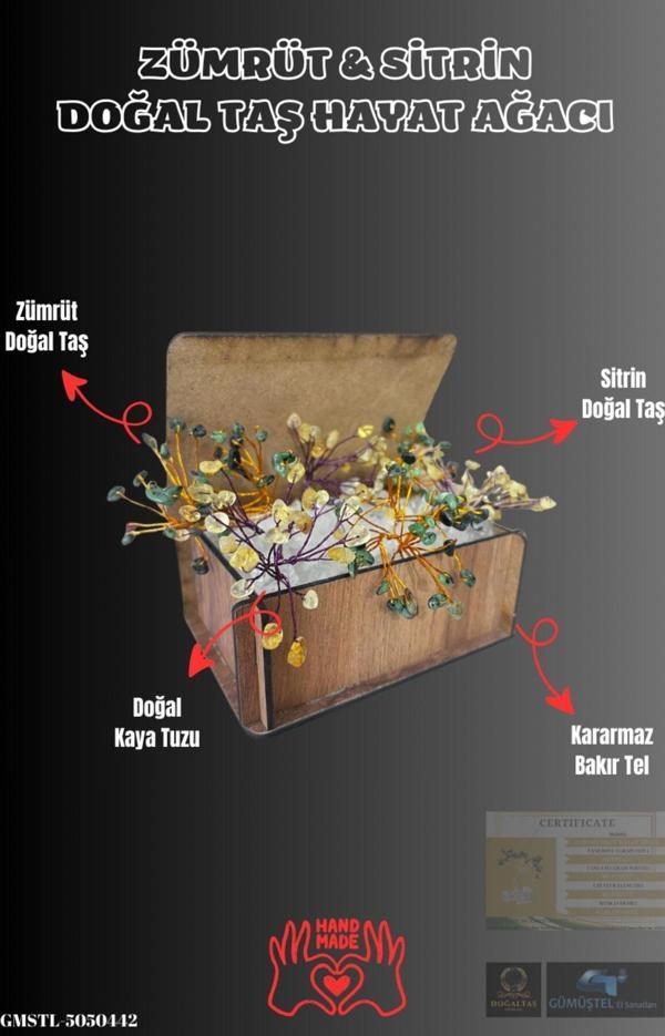 Sertifikalı Doğal Taş Zümrüt Sitrin Bakır Tel Sarma Ağaç El Yapımı - Image 1