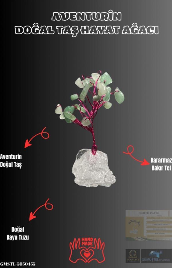 Sertifikalı Doğal Taş Aventurin Taşı Dekoratif El Yapımı Ağaç - Image 1