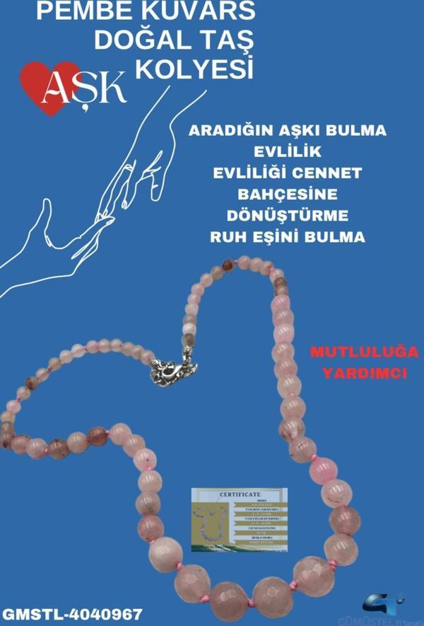 Sertifikalı Pembe Kuvars Doğal Taş Aşk Kolyesi - Image 1