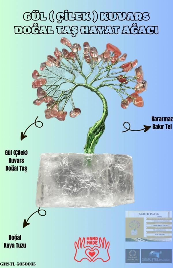 Sertifikalı Gül (Çilek) Kuvars Orijinal Doğal Taş Hayat Ağacı Biblo El Yapımı Sürpriz Hediyeli - Image 1
