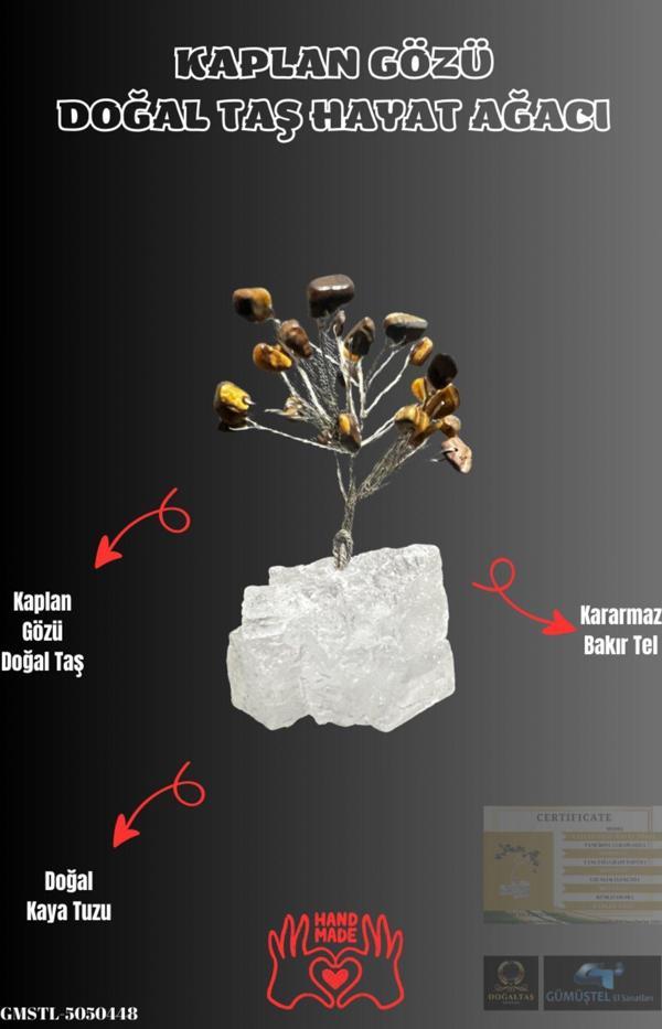 Sertifikalı Doğal Taş Kaplan Gözü Taşı Dekoratif El Yapımı Ağaç - Image 1