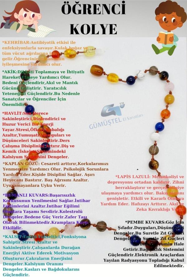 Öğrenci Kolyesi Kehribar Akik Havlit Kaplan Gözü Kristal Kuvars Kalsit Lapis Lazuli Pembe Kuvars - Image 1