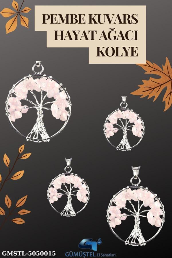 Sertifikalı Doğal Taş Pembe Kuvars Hayat Ağacı Tasarım Kolye Sürpriz Hediyeli 5x5 Cm - Image 1