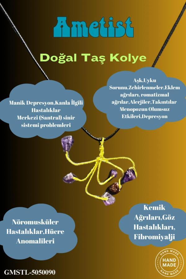 Sertifikalı Orijinal Doğal Taş Ametist Taşı El Yapımı Bakır Tel Sarma Kolye - Image 1