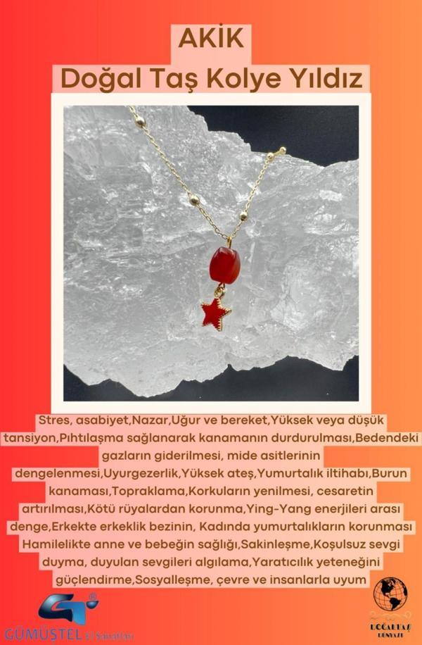 Sertifikalı Akik Doğal Taş Tasarım Kolye El Yapımı Kırmızı Yıldız Obje Detaylı - Image 1