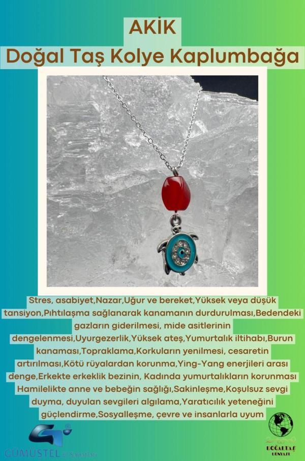 Sertifikalı Akik Doğal Taş Tasarım Kolye El Yapımı Turkuaz Kaplumbağa Obje Detaylı - Image 1