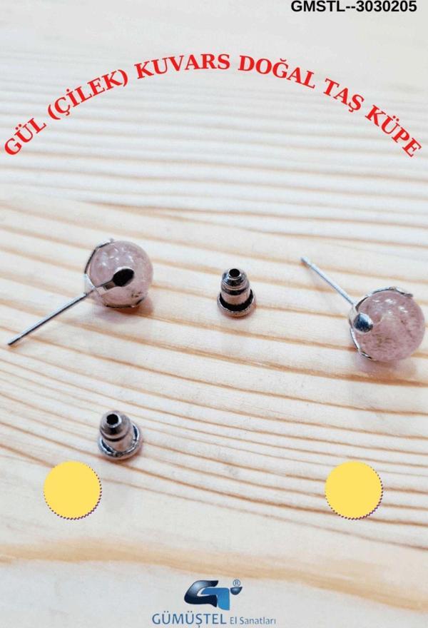 Sertifikalı Gül (ÇİLEK) Kuvars Doğal Taş Top Küpe Doğal Taş - Image 1