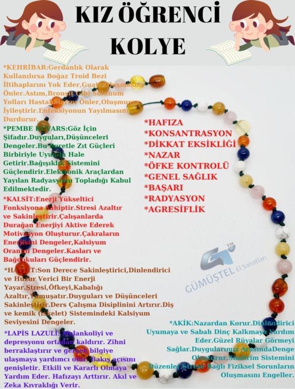 Sertifikalı Kız Öğrenci Kolyesi Kehribar Pembe Kuvars Kalsit Havlit Lapis Lazuli Akik - Image 1