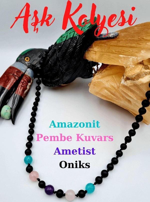 Sertifikalı Aşk Kolyesi Doğal Taş Amazonit Pembe Kuvars Ametist Oniks - Image 1