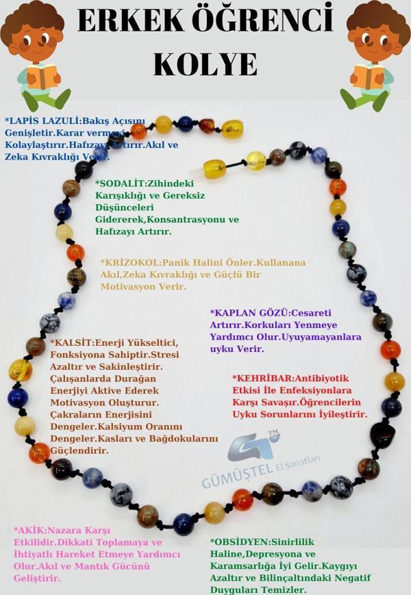 Sertifikalı Erkek Öğrenci Kolyesi Lapis Lazuli Kehribar Sodalit Kalsit K Gözü Krizokol Akik Obsidyen - Image 1