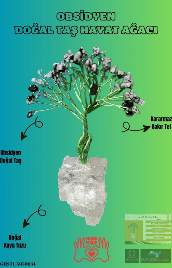 Sertifikalı Obsidyen Orijinal Doğal Taş Hayat Ağacı Biblo El Yapımı Sürpriz Hediyeli - Image 1