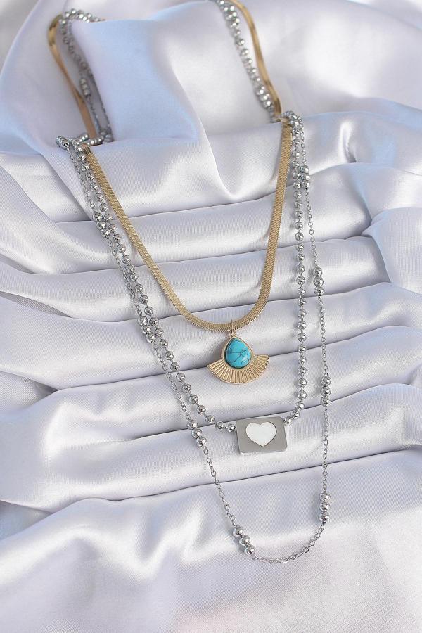 Zarif Kadın için Alaca Çelik Üçlü Zincir Damla Madalyon Kolye - Image 1