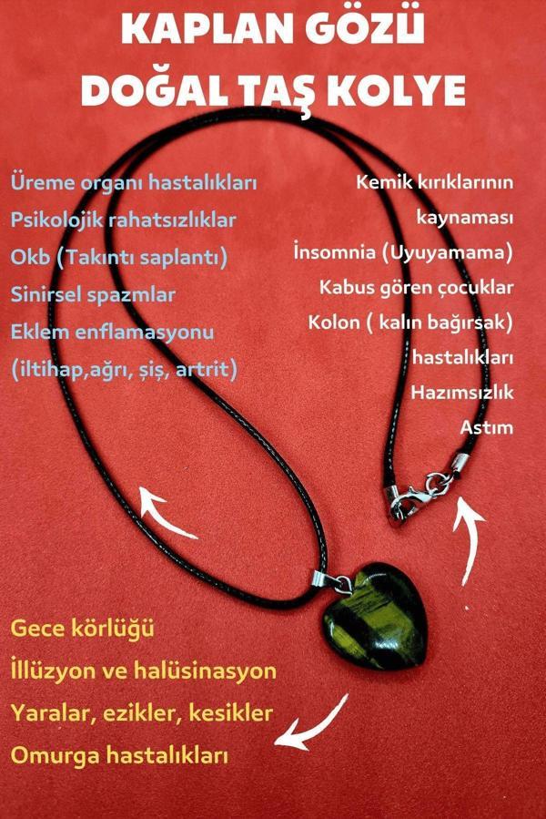 Sertifikalı Doğal Kaplan Gözü Taşı Kalp Kolye Zincir Dahil - Image 1