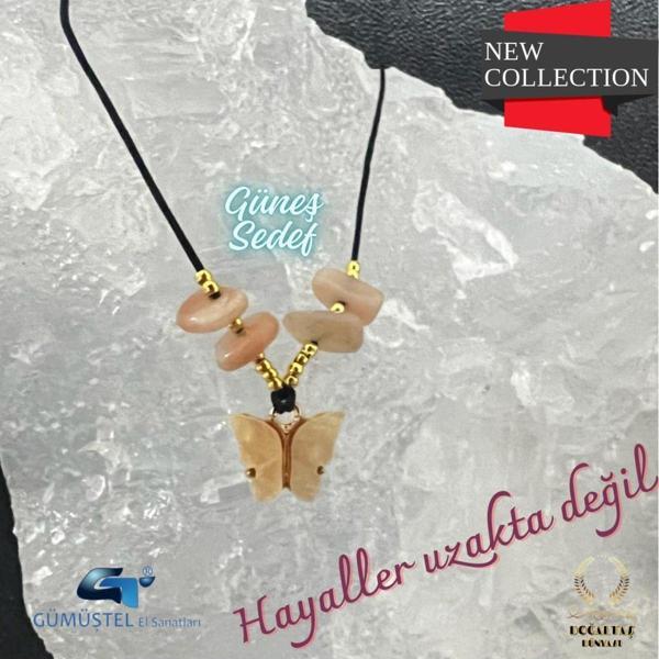 Sertifikalı Orijinal Güneş & Sedef Doğal Taş Kolye Kelebek Detaylı Asansörlü Kilit Sistemi - Image 1