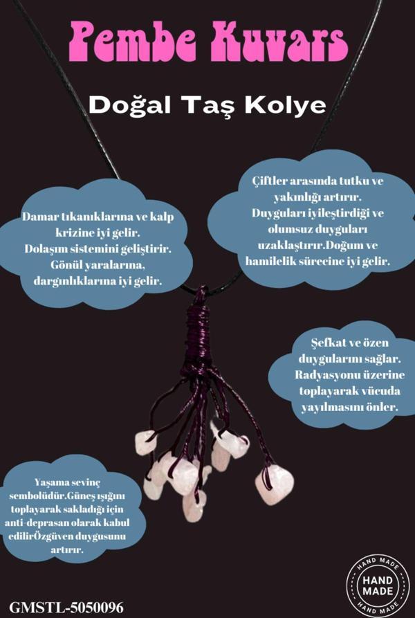 Sertifikalı Orijinal Doğal Taş Pembe Kuvars Taşı El Yapımı Bakır Tel Sarma Kolye - Image 1