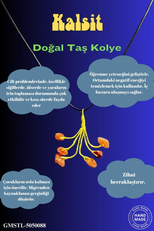 Sertifikalı Orijinal Doğal Taş Kalsit Taşı El Yapımı Bakır Tel Sarma Kolye - Image 1