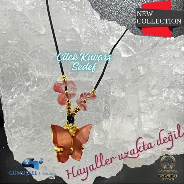 Sertifikalı Orijinal Çilek Kuvars & Sedef Doğal Taş Kolye Kelebek Detaylı Asansörlü Kilit Sistemi - Image 1