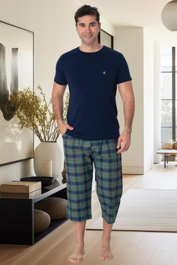 Mecit 2914 Lacivert Ekoseli Erkek Büyük Beden Kapri Pijama Takımı - Image 1