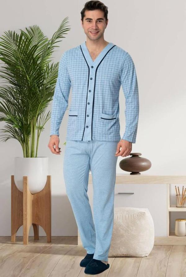Mecit 22767 Erkek Mavi Önden Düğmeli Büyük Beden Pijama Takımı - Image 1