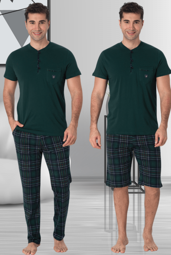 Mecit 2901 Yeşil Ekoseli Büyük Beden Erkek 3'lü Pijama Takımı - Image 1