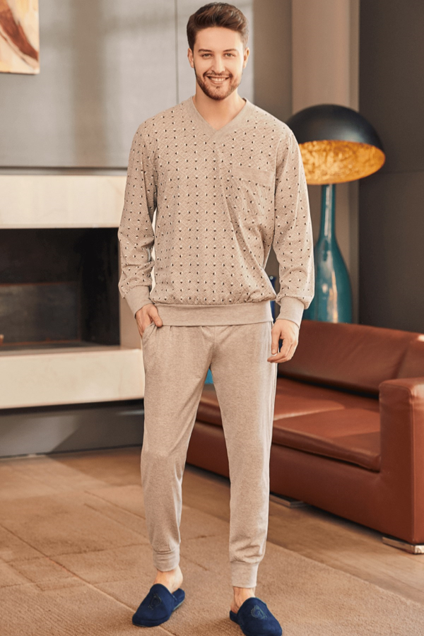 Mecit 2757 Erkek Kahverengi Büyük Beden Uzun Kollu Pijama Takımı - Image 1