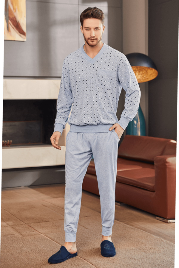 Mecit 2757 Erkek Mavi Büyük Beden Uzun Kollu Pijama Takımı - Image 1