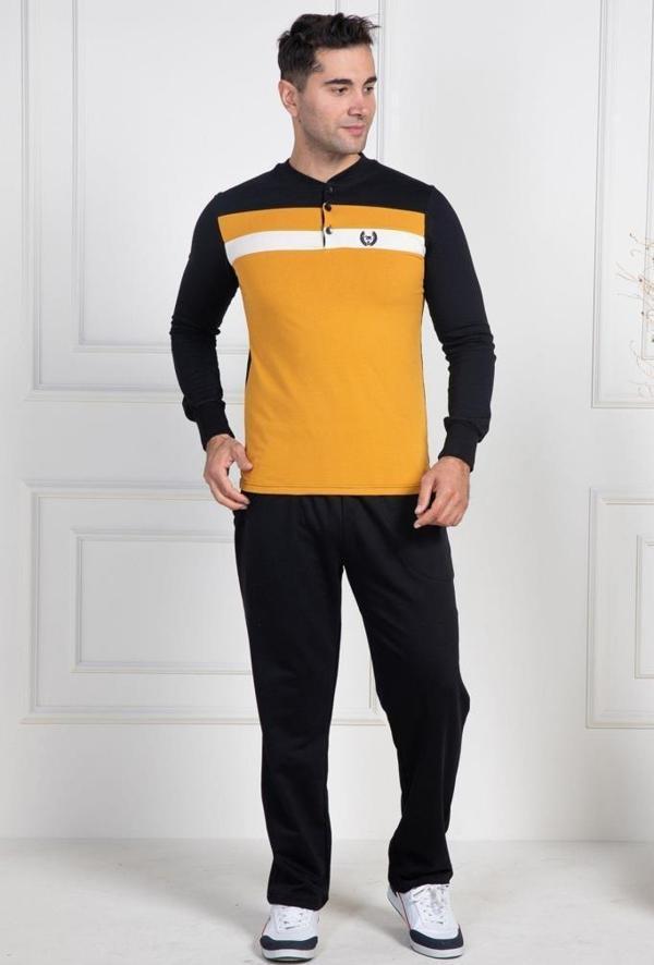 Mecit 2763 Erkek Sarı Pamuklu Büyük Beden Uzun Kol Pijama Takımı - Image 1