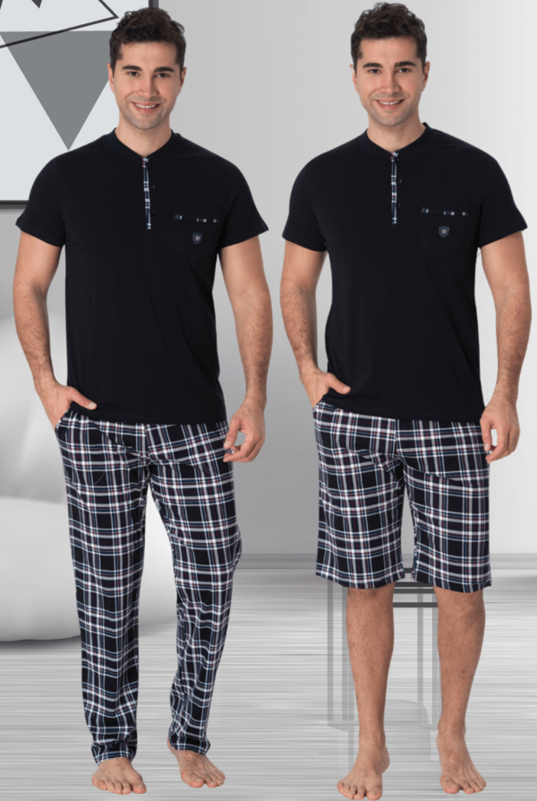 Mecit 2901 Lacivert Ekoseli Büyük Beden Erkek 3'lü Pijama Takımı - Image 1